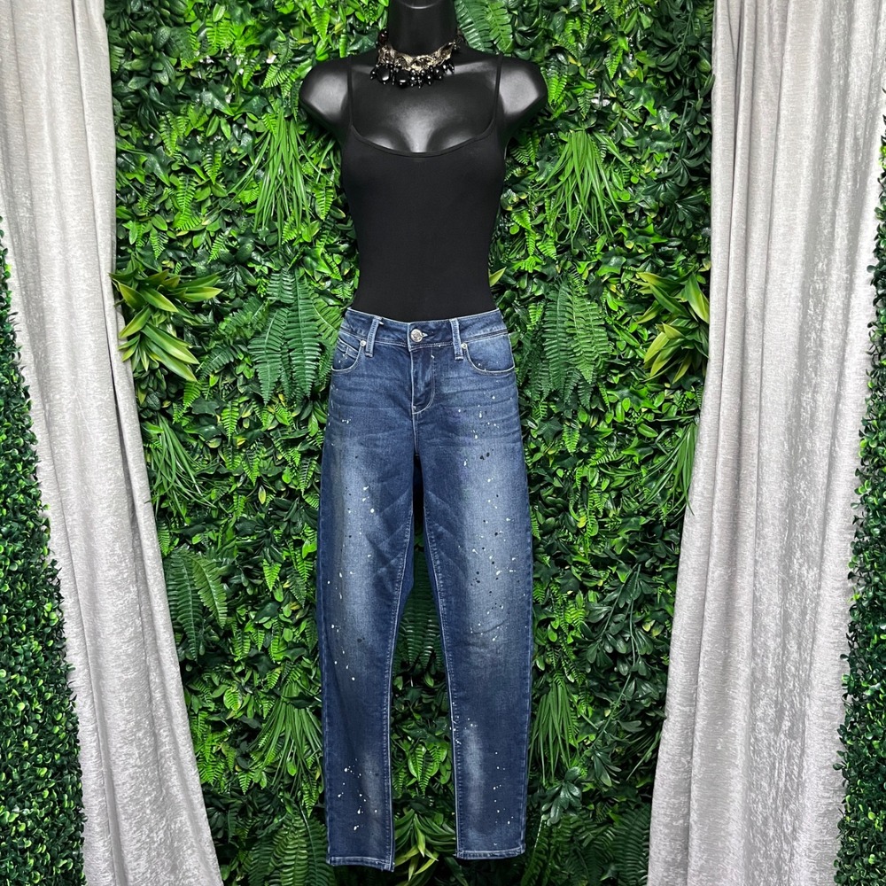 Seven7 Jeans Pants Size 8 Blue Paint Splatter Dark Wash Skinny Stretch 3645‎ - Picture 2 of 11